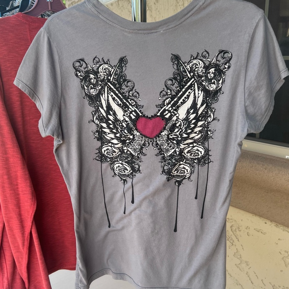 Vintage Crash & Burn Wings Roses Heart Black Rhinestone Grey Tee Womens MED/LG